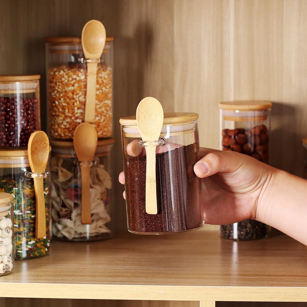3 Pack 17 oz Glass Jars with Lids and Spoons and 3 Pack 6 oz Glass Spice Jars with Lids, Clear Glass Jars Set of 6 F42809