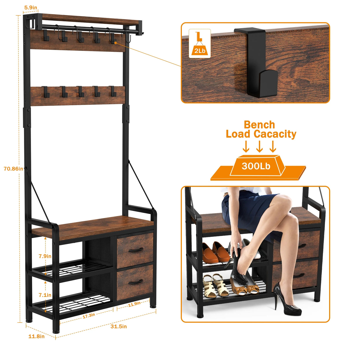 Rustic Brown 4 in 1 Entryway Hall Tree Coat Rack with Shoe Storage Bench 17 Hooks 2 Drawers H89375