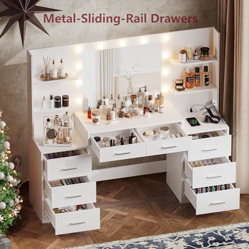 White Vanity Desk with Mirror & Lights, 8 Drawers H633361