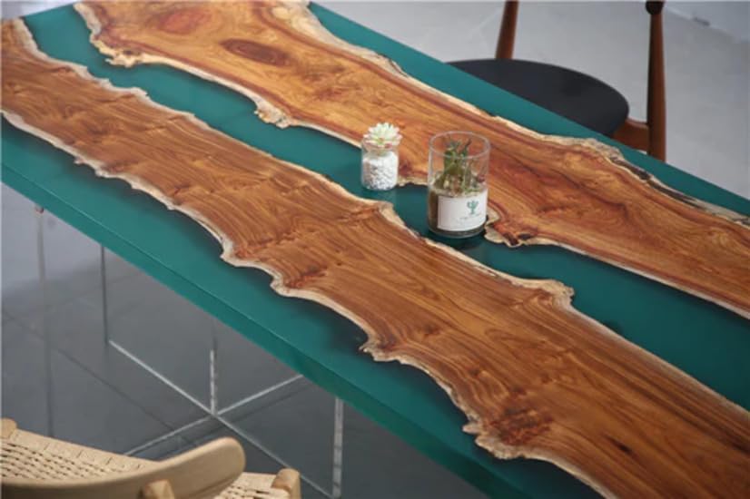Green Epoxy Live Edge Wood Dining Table Q39844