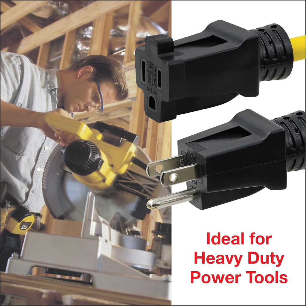 50 ft Heavy Duty Outdoor Extension Cord 12/3 SJTW, Yellow, 3 Prong Grounded Plug C704490
