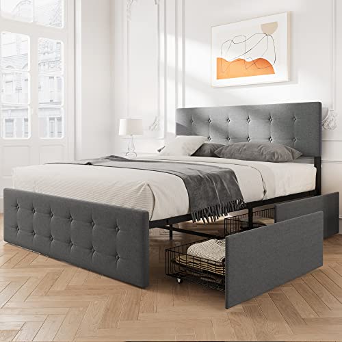 Grey Queen Size Upholstered Platform Bed Frame with 4 Storage Drawers Z449