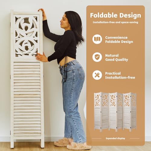6 Panels Wood Carved Privacy Screens (White-Washed) G9404