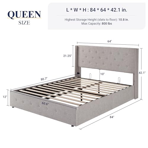 Full Size Lift Up Storage Bed with Wingback Headboard, Light Beige Z576