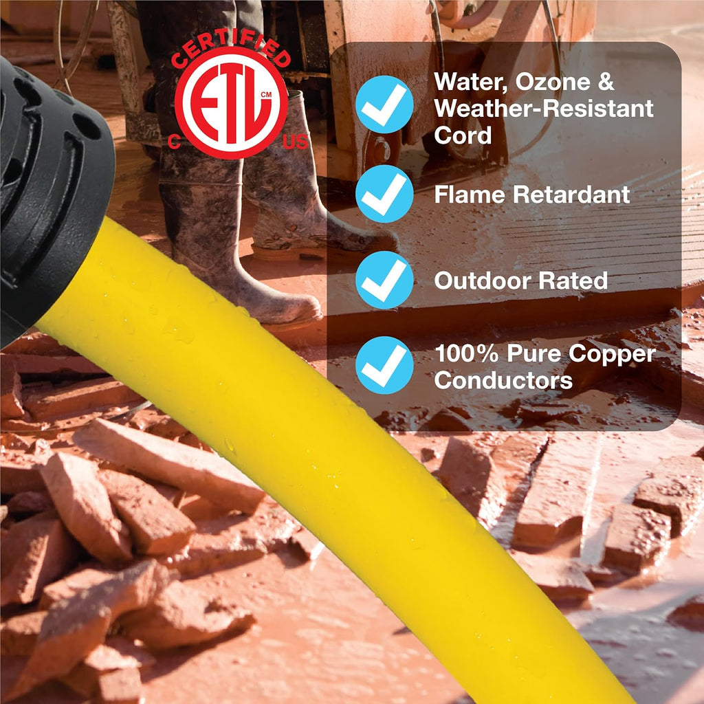 50 ft Heavy Duty Outdoor Extension Cord 12/3 SJTW, Yellow, 3 Prong Grounded Plug C704490