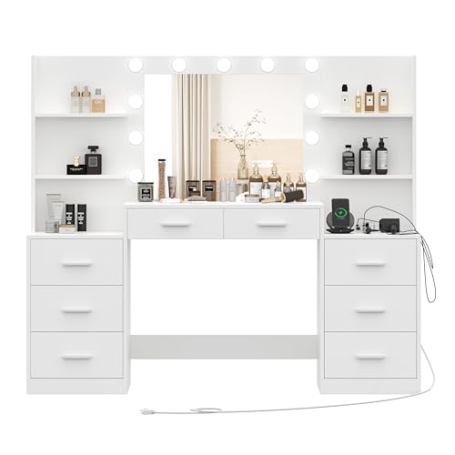 White Vanity Desk with Mirror & Lights, 8 Drawers H633361