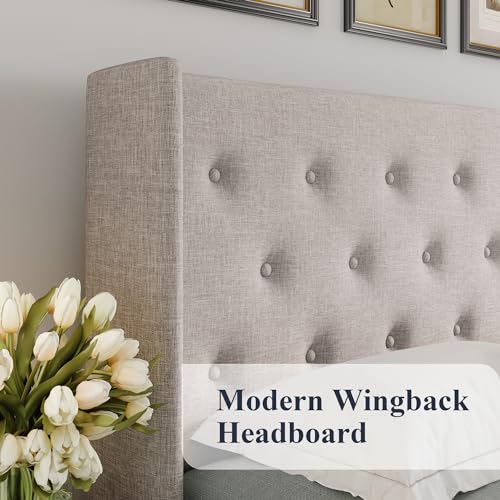Full Size Lift Up Storage Bed with Wingback Headboard, Light Beige Z576