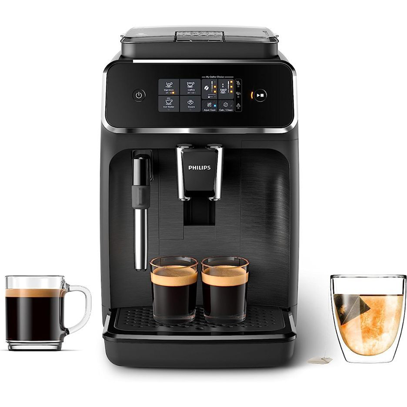Black fully automatic espresso machine with milk frother R737
