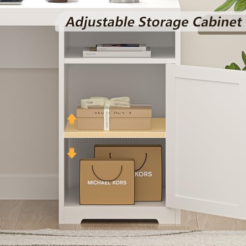 63" L Shaped Executive Desk with Drawers & Storage Shelf, Antique White E395946