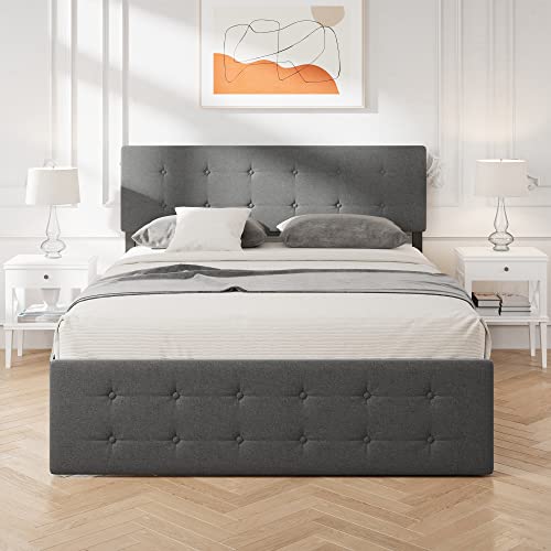 Grey Queen Size Upholstered Platform Bed Frame with 4 Storage Drawers Z449