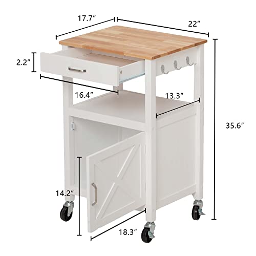 White Rolling Kitchen Island Cart with Storage, Barn Door and Drawer, 36” H K826