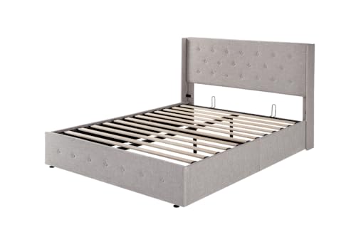 Full Size Lift Up Storage Bed with Wingback Headboard, Light Beige Z576