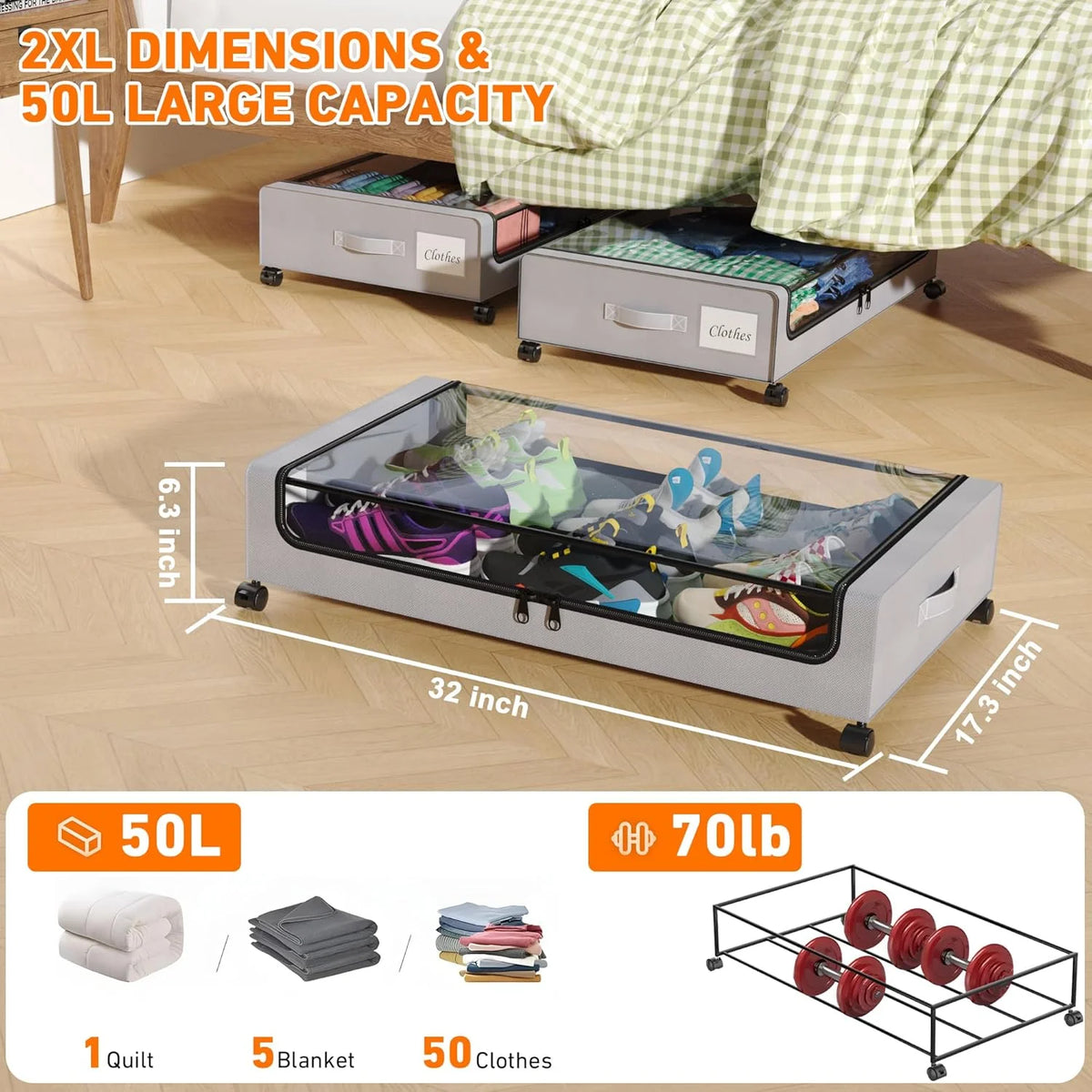 4-Pack 60L Under Bed Storage Bins with Wheels and Clear Lids (Gray) U112