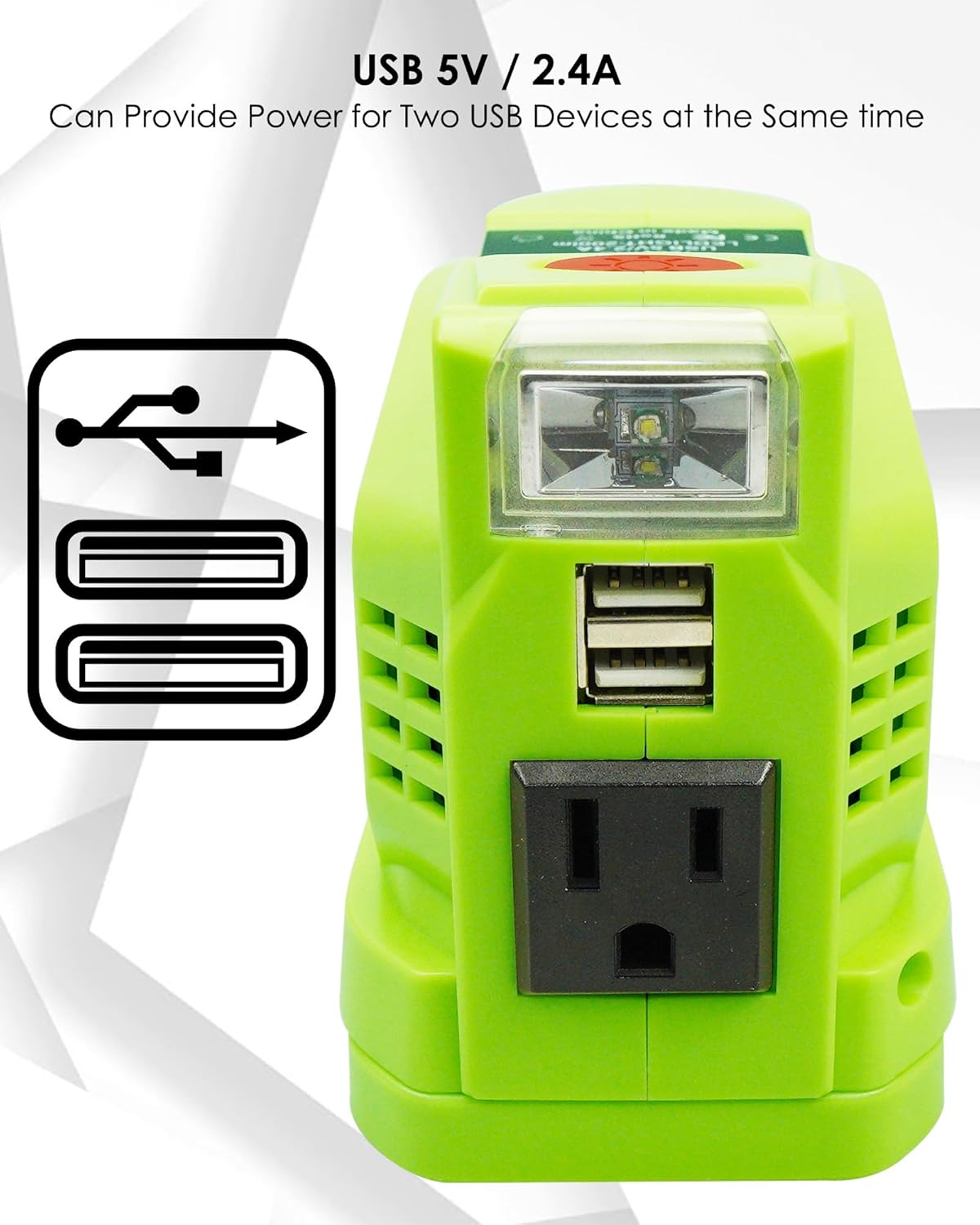 150W DC 18V to AC 110V-120V Power Inverter with AC Outlet Dual USB Outlet LED Light F55139