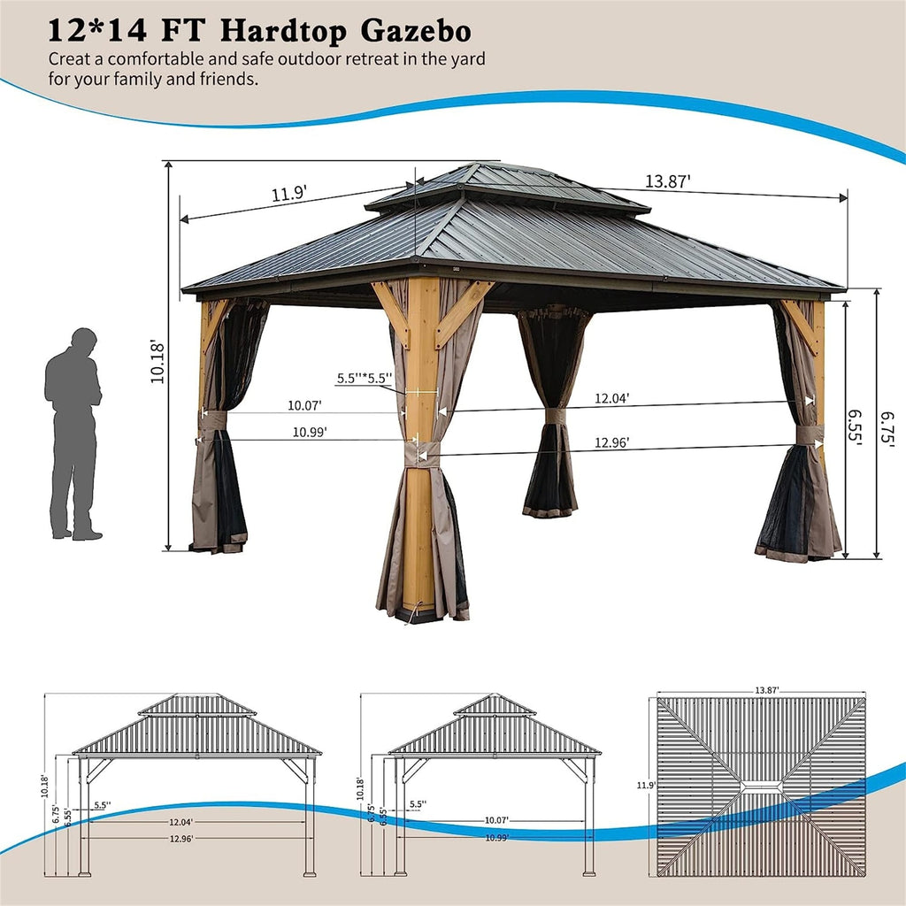 12 x 14 ft Hardtop Gazebo with Galvanized Steel Double Roof and Cedar Wood Frame K66070