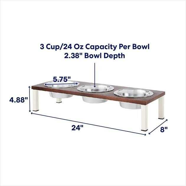 Dark Wooden Triple Elevated Stainless Steel Dog & Cat Bowl I470782
