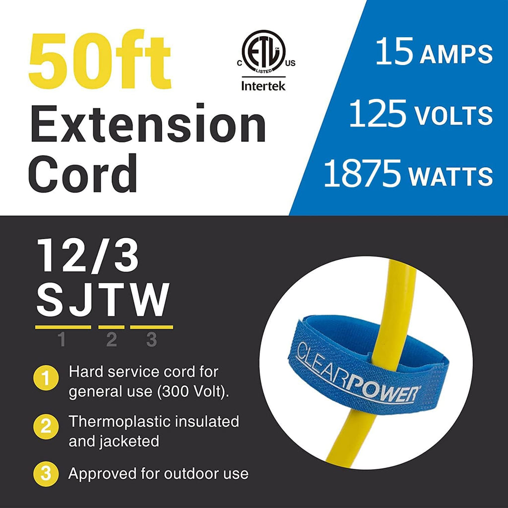 50 ft Heavy Duty Outdoor Extension Cord 12/3 SJTW, Yellow, 3 Prong Grounded Plug C704490