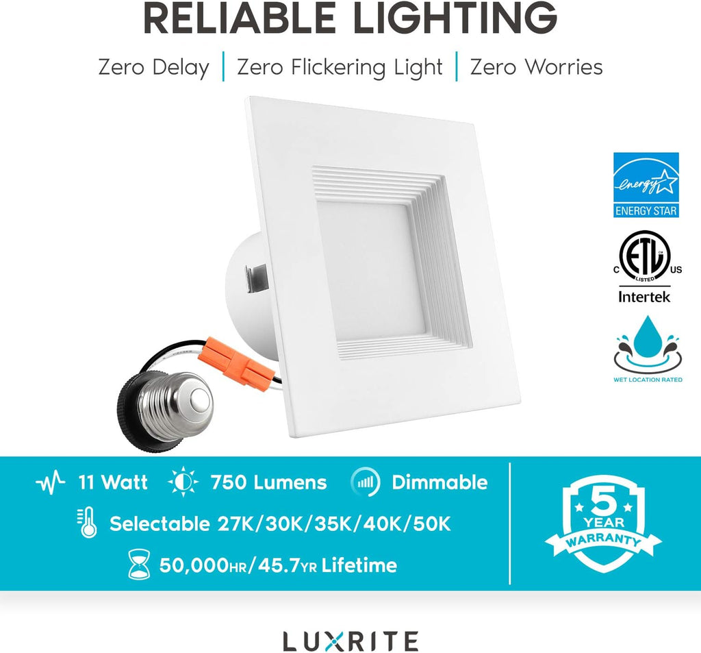 4 Inch Square Recessed LED Can Lights, 750 Lumens, Dimmable, Wet Rated, Baffle Trim, 6 Pack R3672