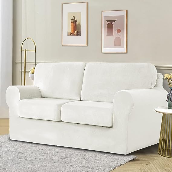 White 2 Seat Stretch Sofa Slipcover with Backrest and Cushion Covers T321
