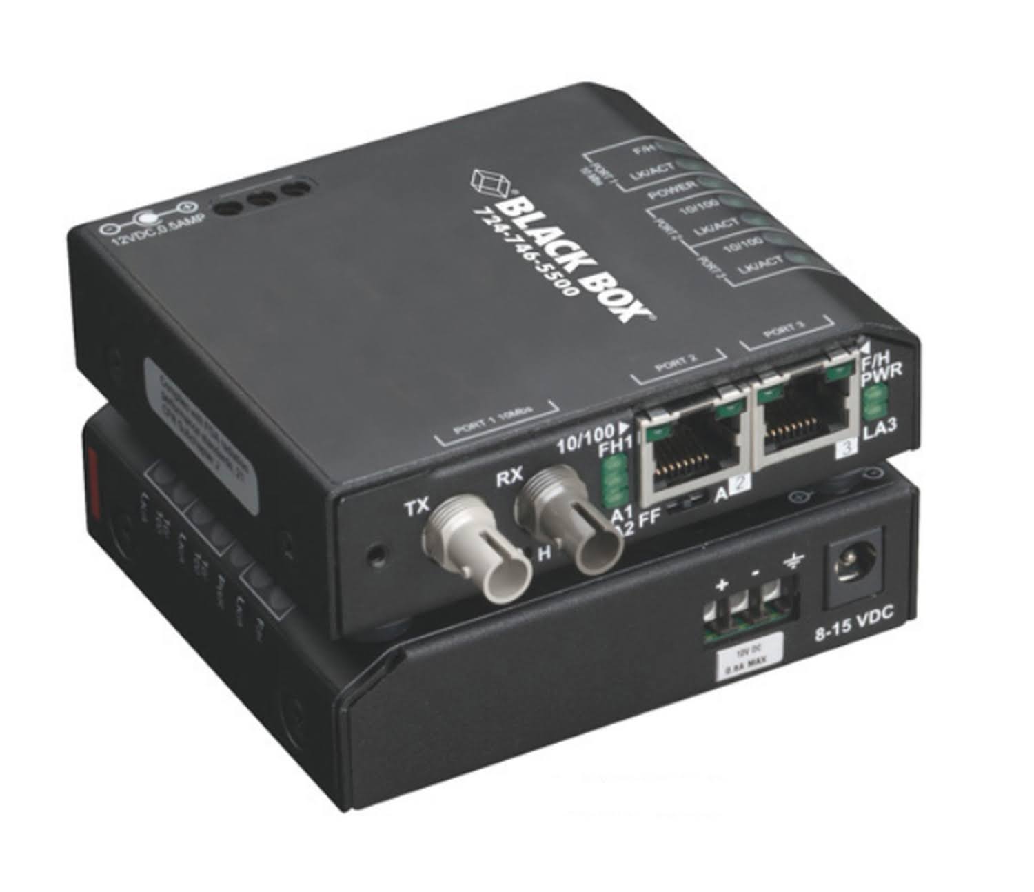 Black Box Hardened Media Converter Switch 12-VDC - RJ-45 to ST Multi-Mode Fiber Media Converter - 100 Mbps N772893