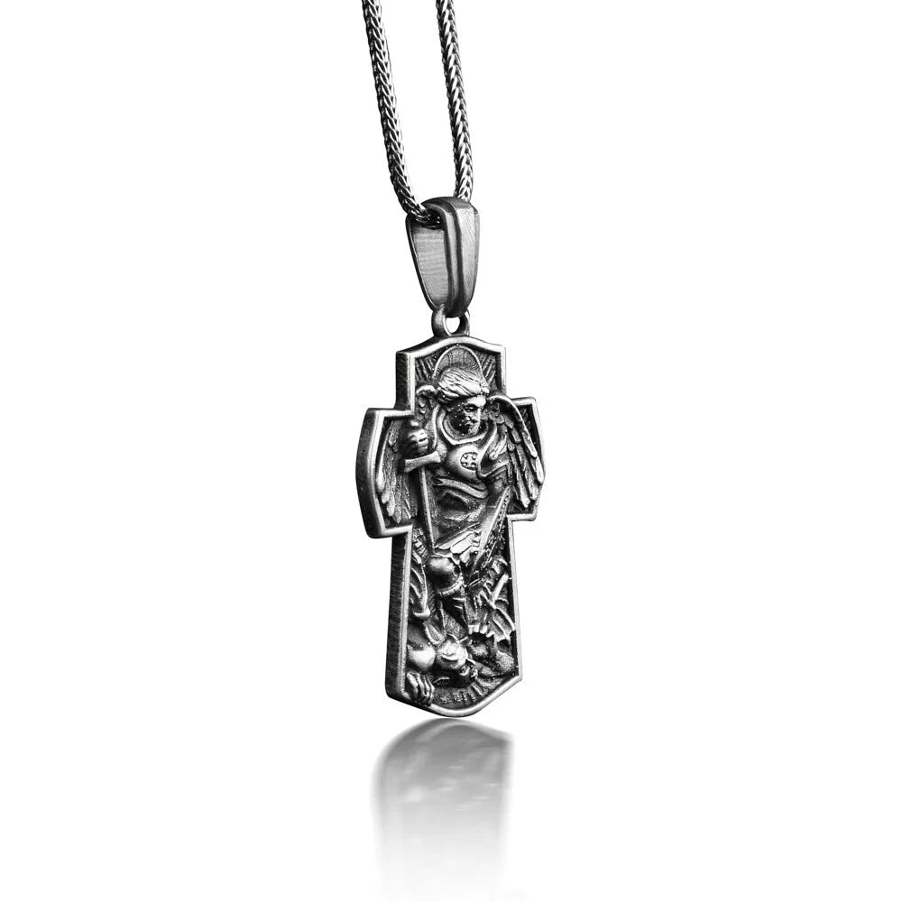 Silver Archangel Michael Cross Pendant Necklace I74825