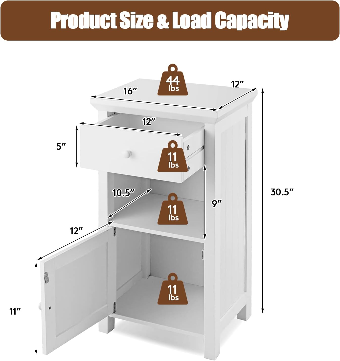 White Freestanding Wooden Bathroom Floor Cabinet, 1 Drawer & 1 Cabinet & 1 Open Shelf, Pack of 2 I74508