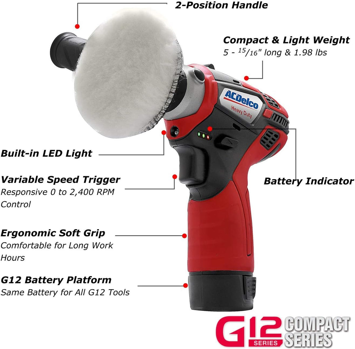 12V Cordless 3" Mini Polisher Tool Set with 2 Li-ion Batteries, Charger, and Accessory Kit G552