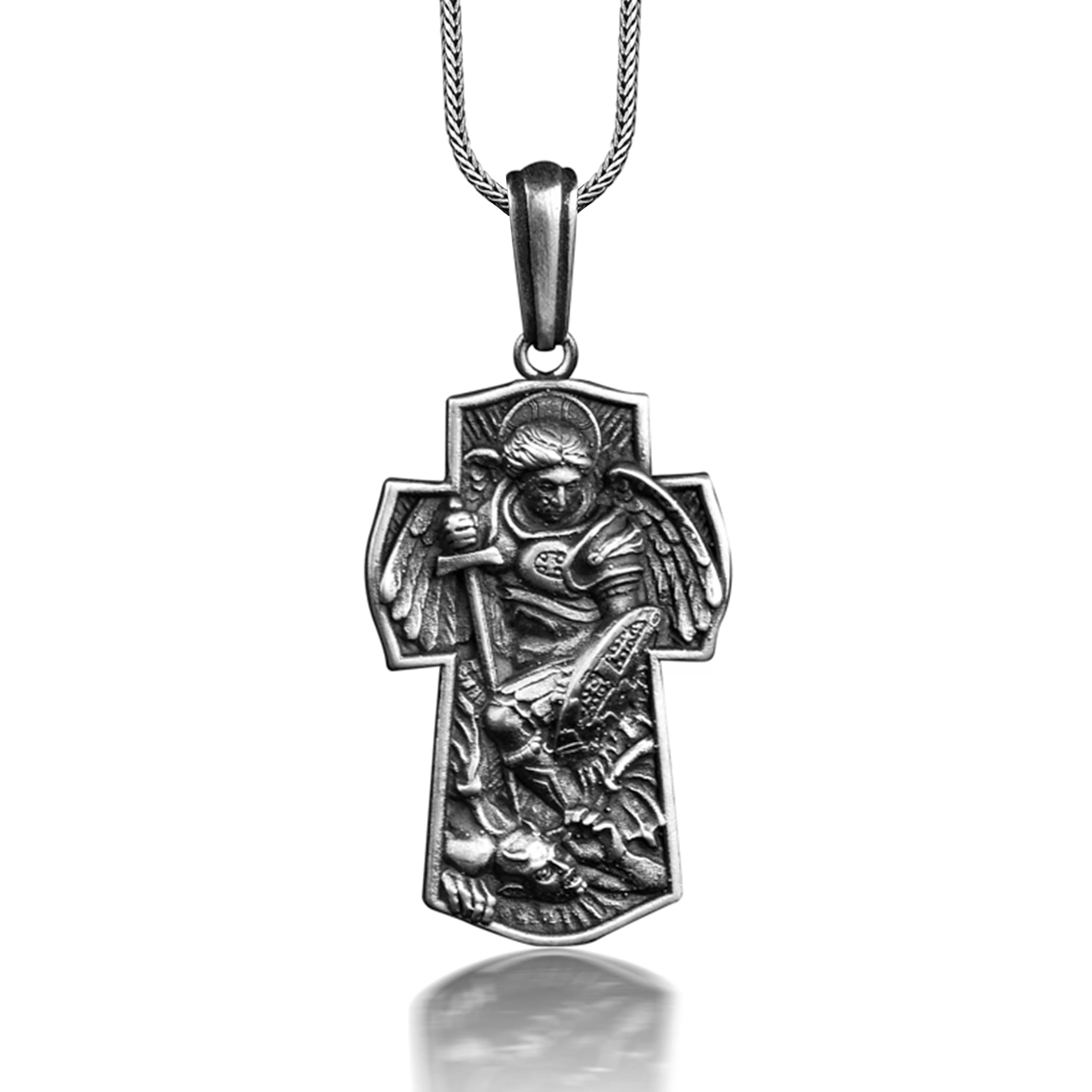 Silver Archangel Michael Cross Pendant Necklace I74825