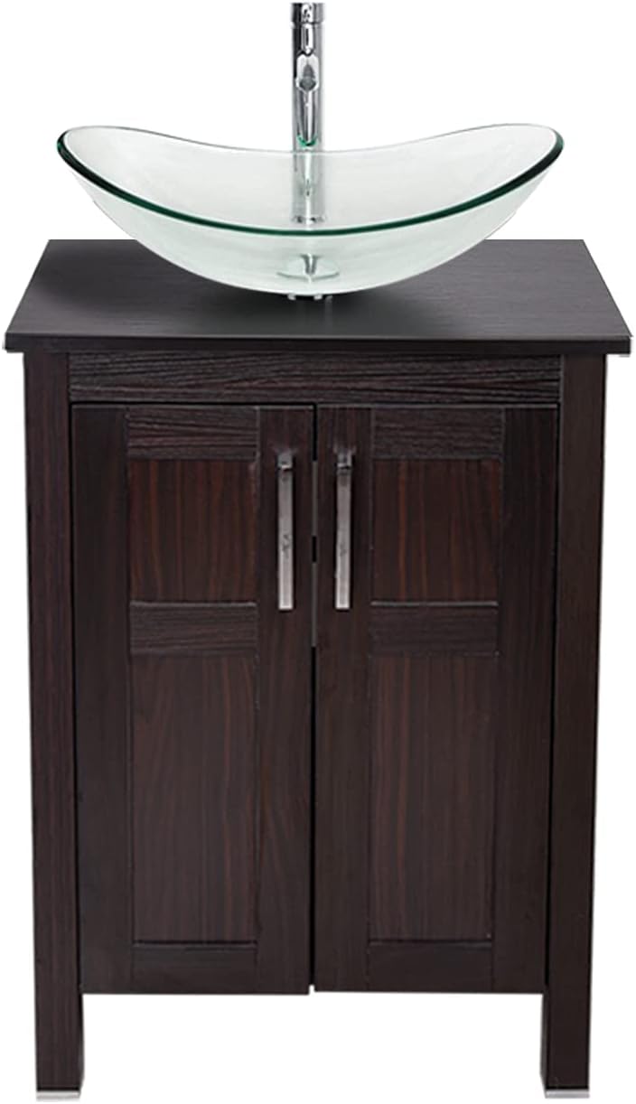 Dark Coffee 24 Inches Single Bathroom Vanity with 2-Door Cabinet and Tempered Glass Sink Top Q1186