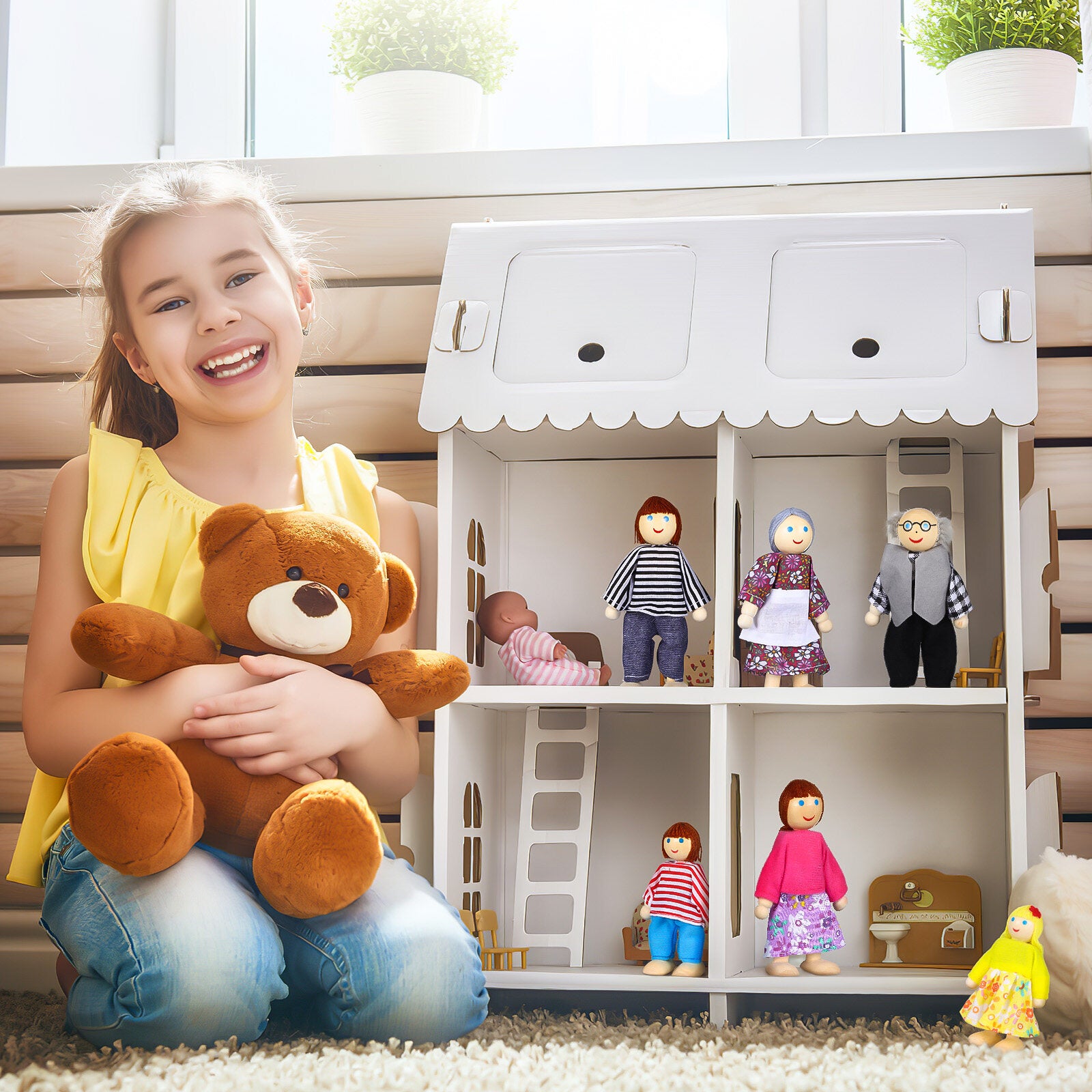 6 Pcs Wooden Doll House Figures Family Member Dolls L73883