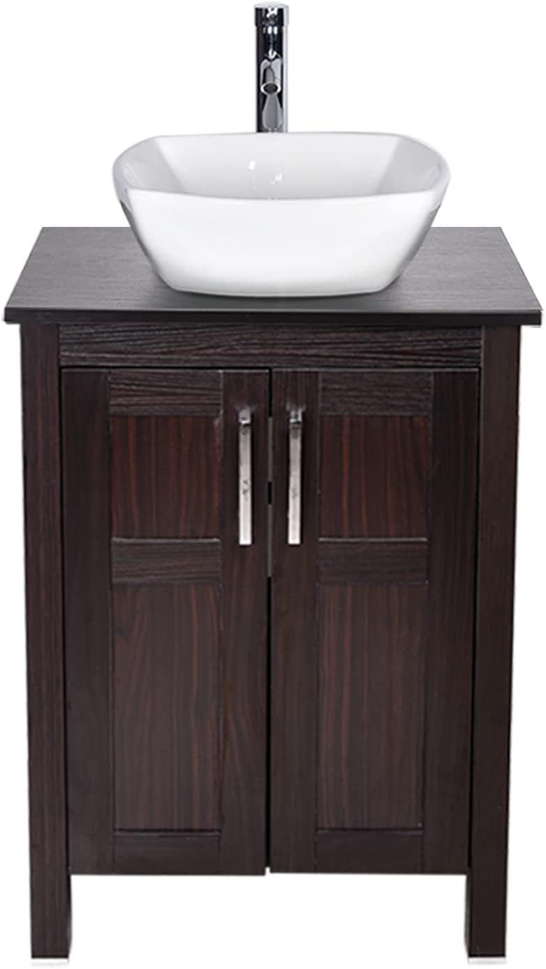 Dark Coffee 24 Inches Single Bathroom Vanity with 2-Door Cabinet and Tempered Glass Sink Top Q1186