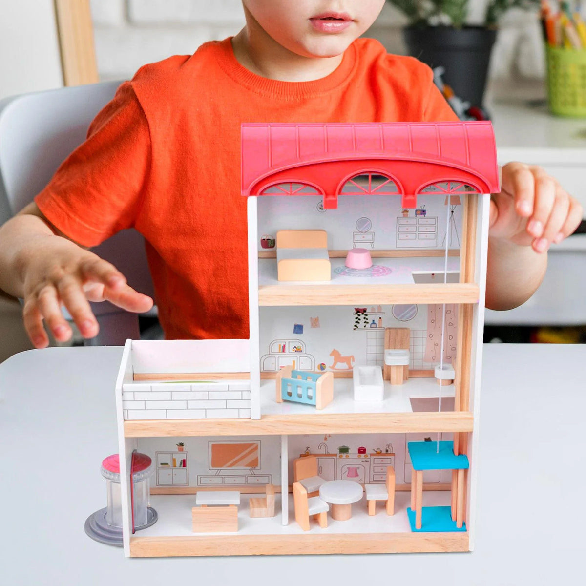 Red Wooden Dollhouse with Revolving Doors Y47249
