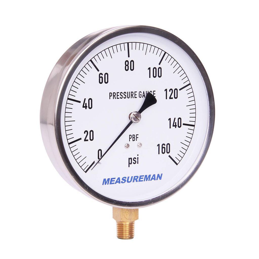 304 Stainless Steel Case Pressure Gauge, 0-200Psi, 4-1/2 Dial Size, 1/4 NPT Lower Mount M4159