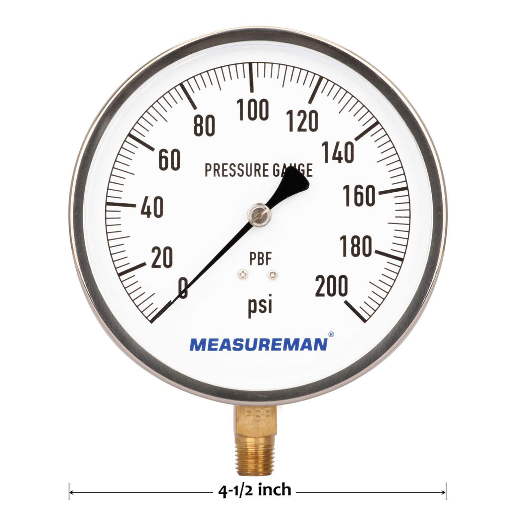 304 Stainless Steel Case Pressure Gauge, 0-200Psi, 4-1/2 Dial Size, 1/4 NPT Lower Mount M4159