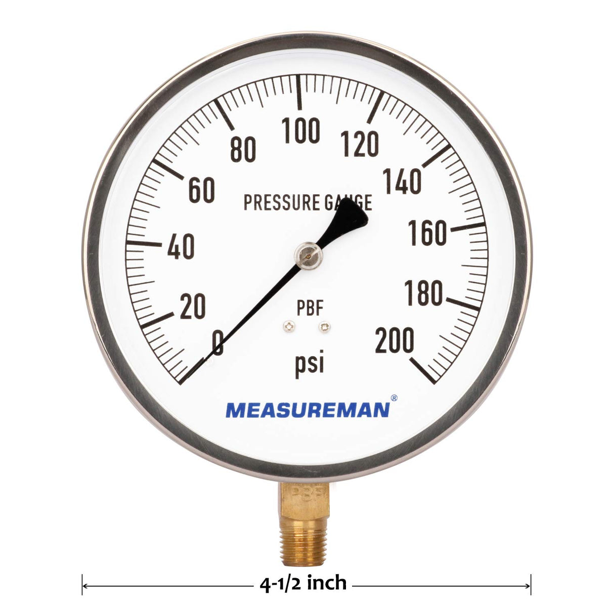 304 Stainless Steel Case Pressure Gauge, 0-200Psi, 4-1/2 Dial Size, 1/4 NPT Lower Mount M4159