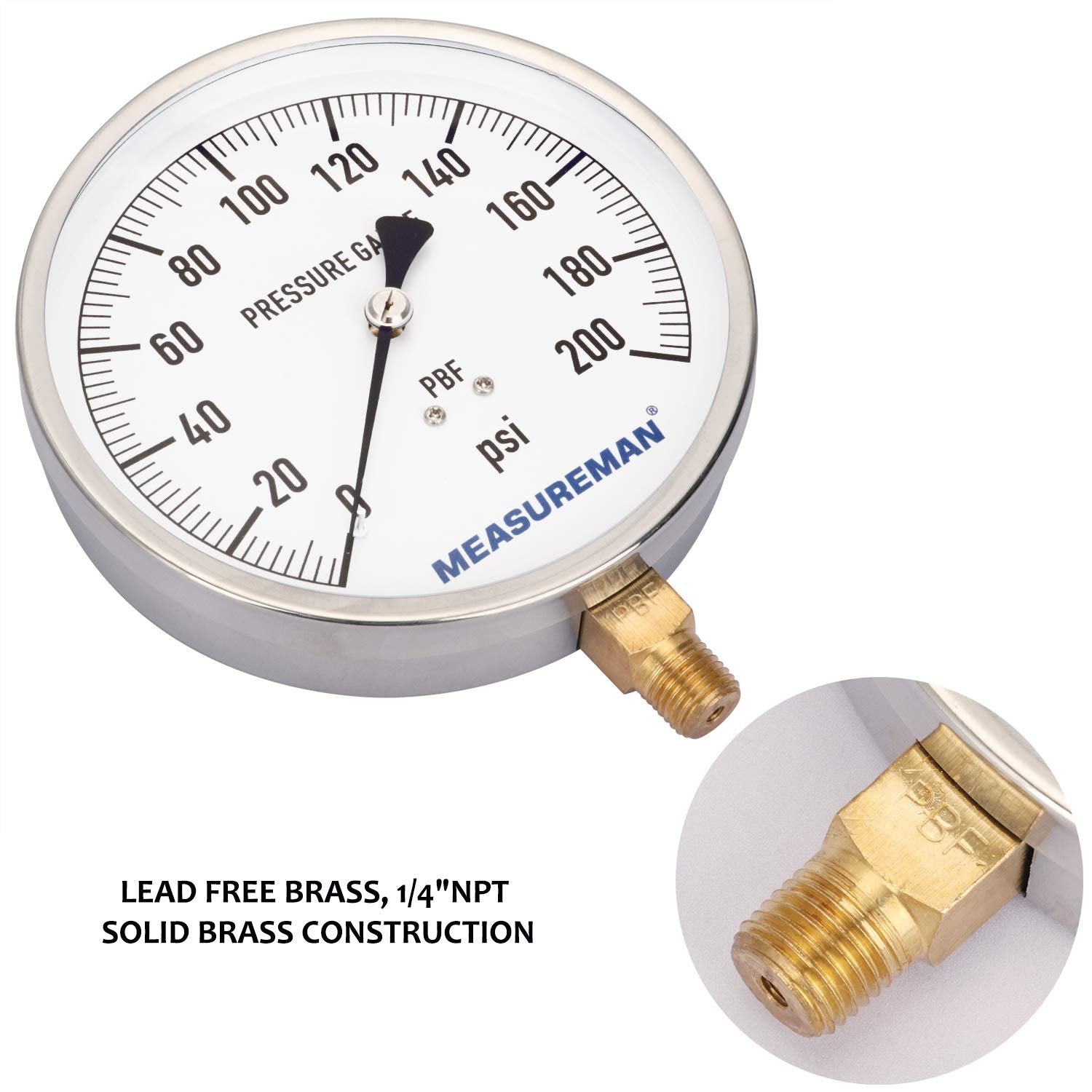 304 Stainless Steel Case Pressure Gauge, 0-200Psi, 4-1/2 Dial Size, 1/4 NPT Lower Mount M4159