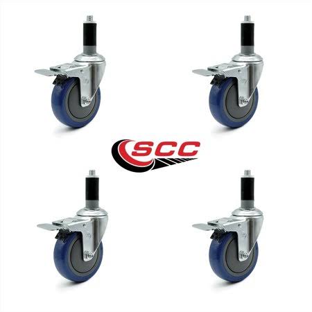 4 inch Blue Polyurethane Expanding Stem Caster Set with Total Lock Brake T857382