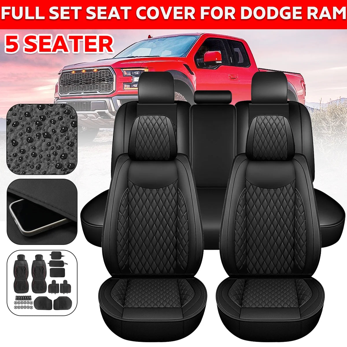 Black Waterproof Leather Full Set Car Seat Cover B9701