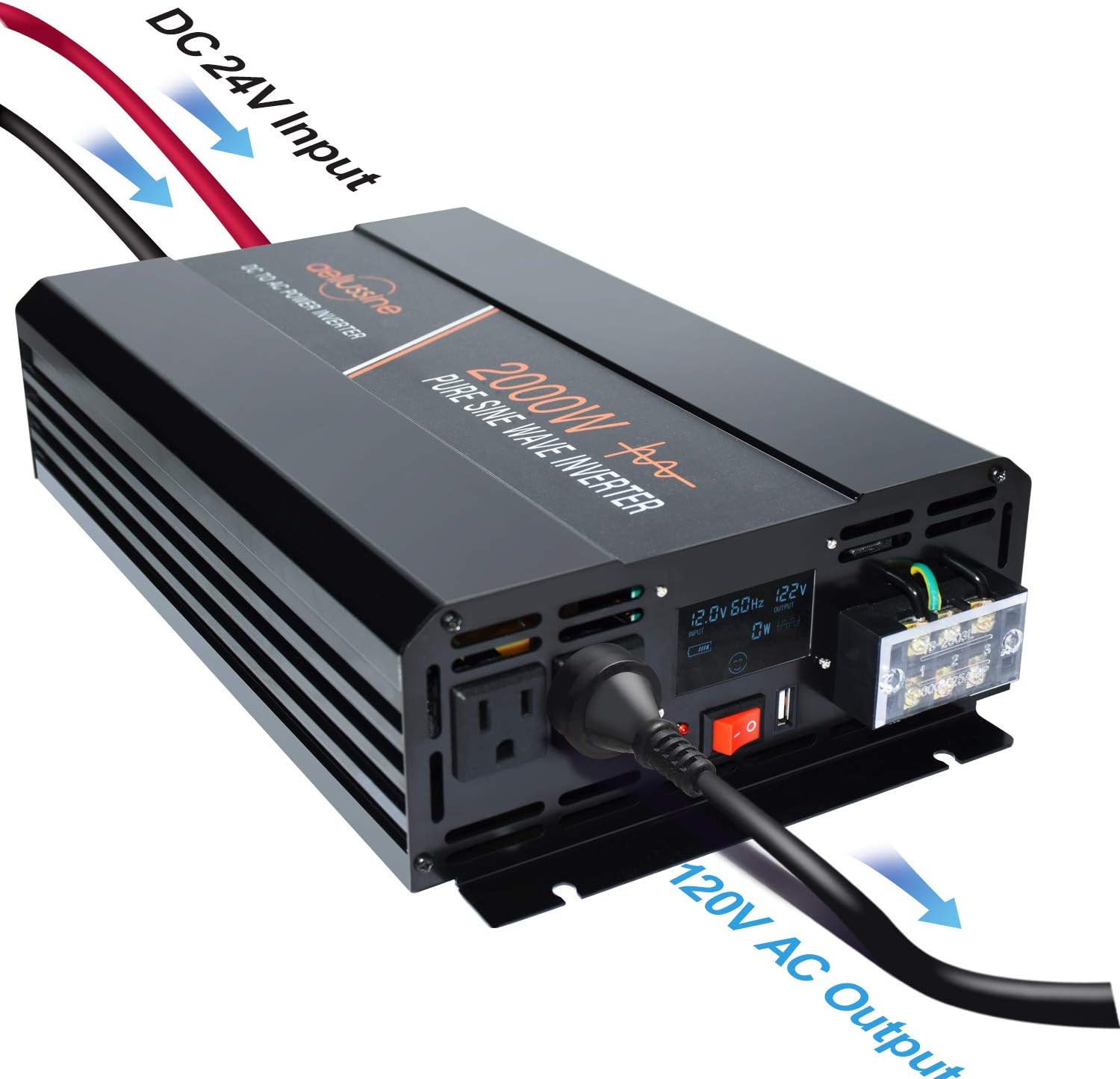 2000 Watt Pure Sine Wave Power Inverter 24V DC to AC 120V with LCD Display G839