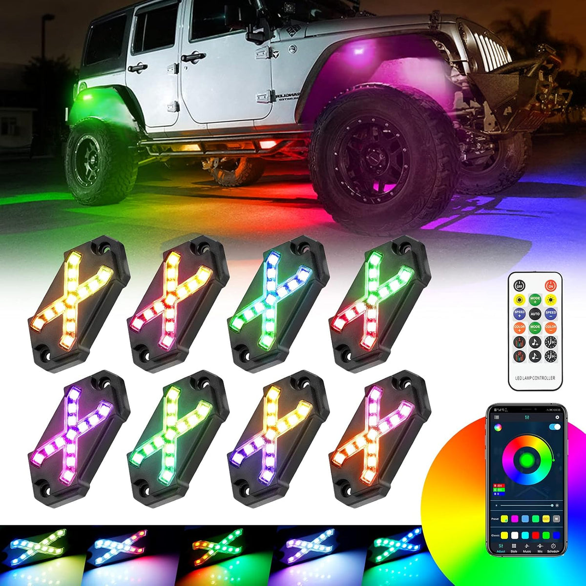 8 Pods RGB LED Rock Lights Kit with APP Controller H1553