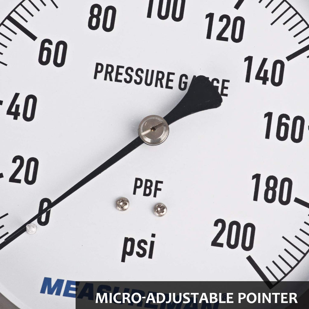 304 Stainless Steel Case Pressure Gauge, 0-200Psi, 4-1/2 Dial Size, 1/4 NPT Lower Mount M4159