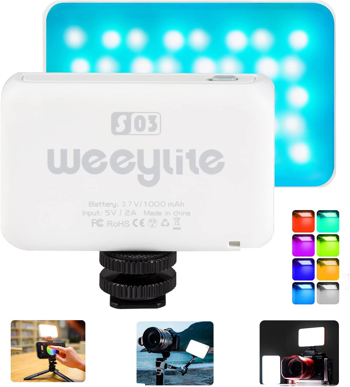 RGB LED Camera Light, Portable Rechargeable On-Camera Video Lighting, CRI95+ 2800K-6800K J80525