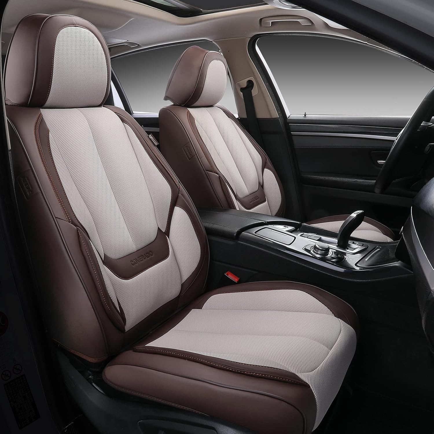 Green Fabric Leather Car Seat Covers 2 Pieces Q30135