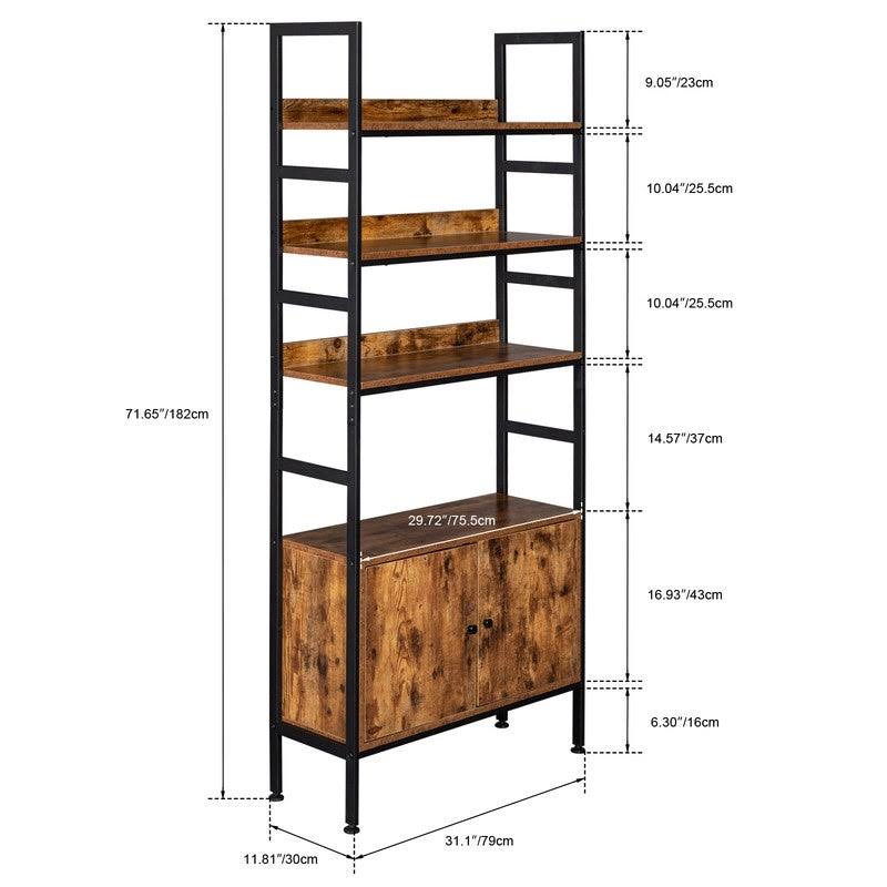 4-Tier Industrial Bookcase with Cabinets - Brown W14492