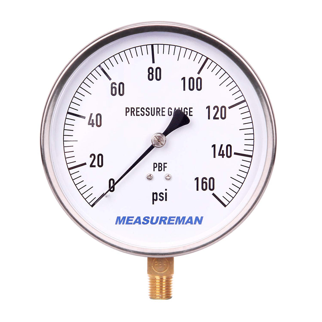 304 Stainless Steel Case Pressure Gauge, 0-200Psi, 4-1/2 Dial Size, 1/4 NPT Lower Mount M4159