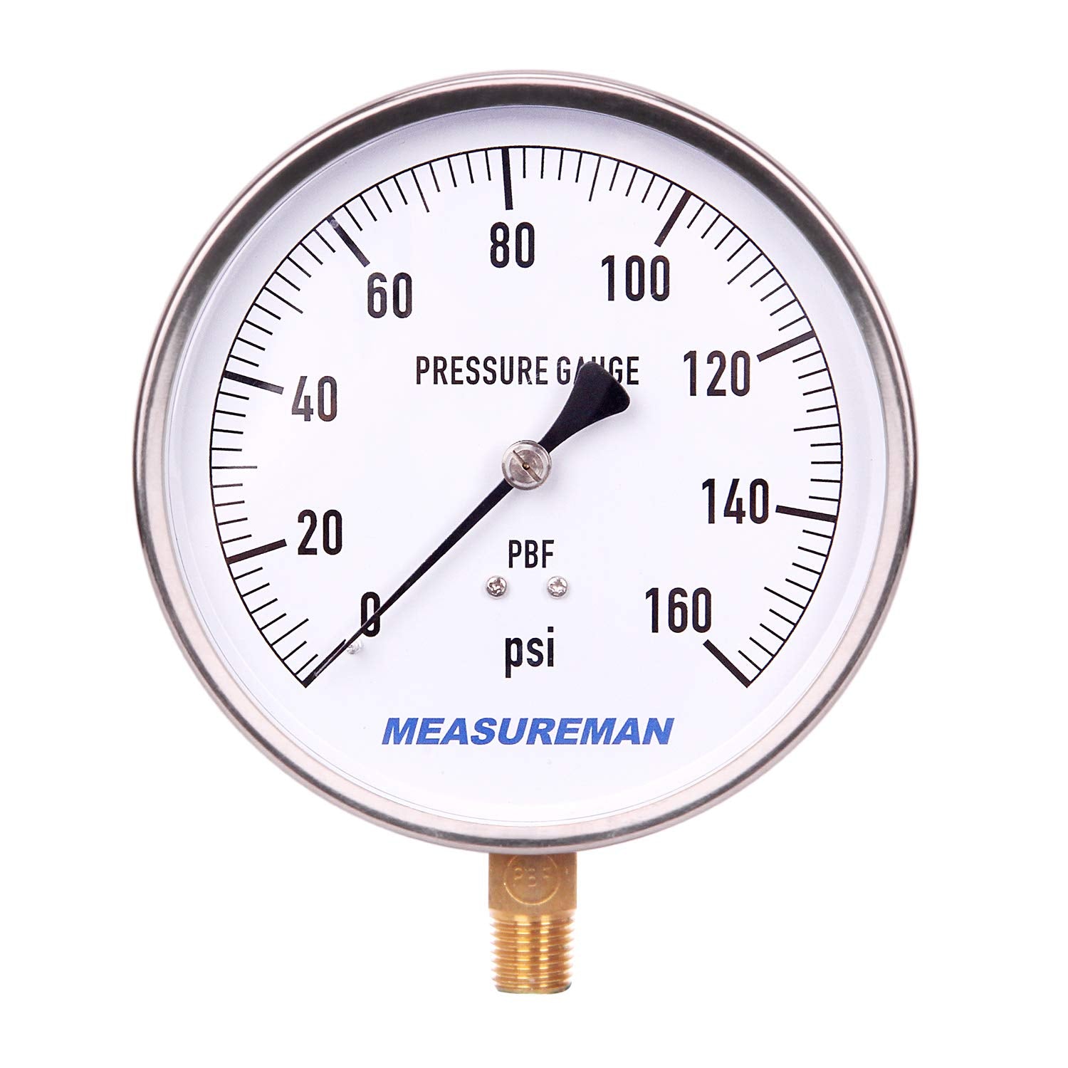 304 Stainless Steel Case Pressure Gauge, 0-200Psi, 4-1/2 Dial Size, 1/4 NPT Lower Mount M4159