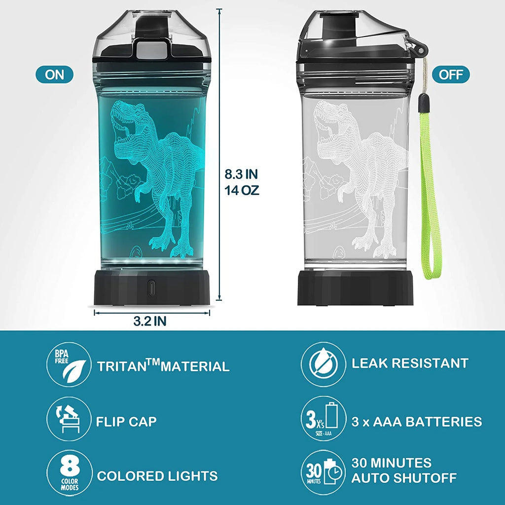 Light Up Kids Water Bottle with 3D Dinosaur Design, 14 OZ Tritan BPA Free V94471