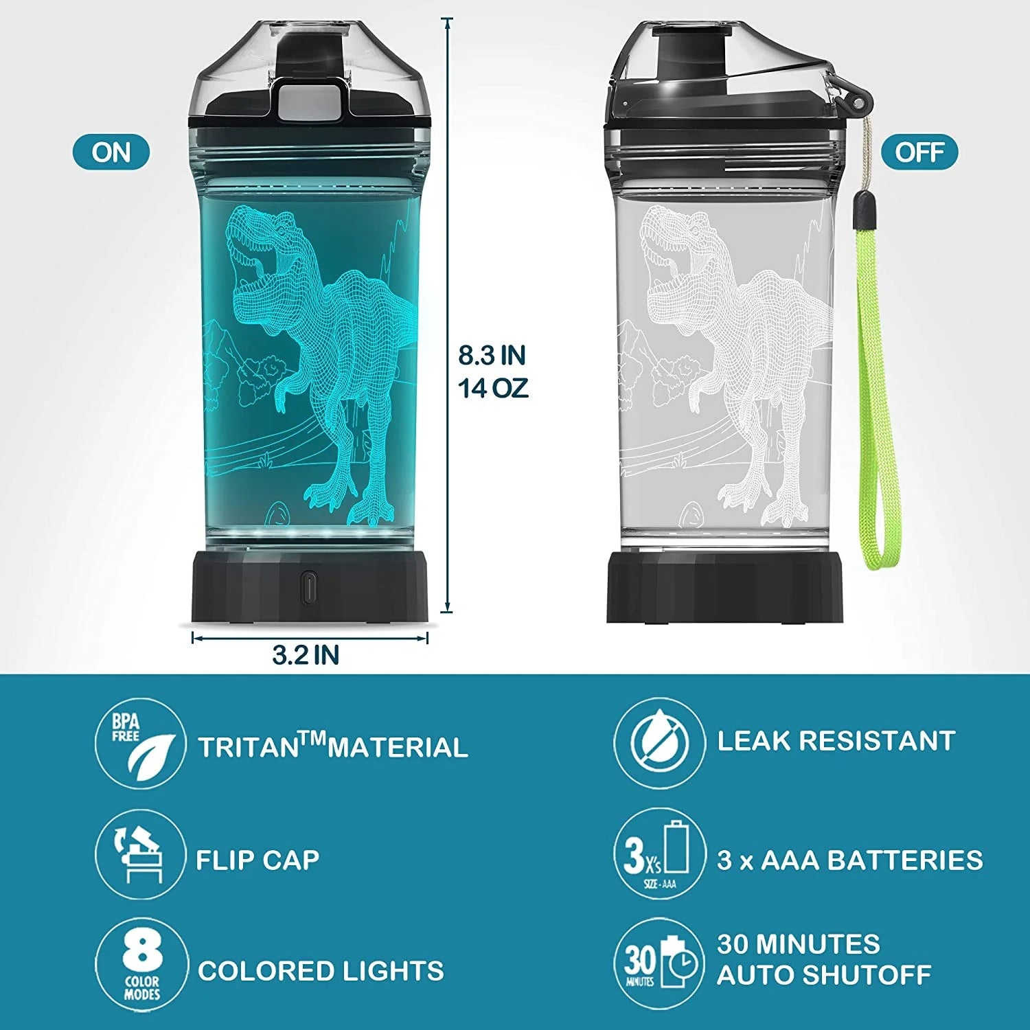 Light Up Kids Water Bottle with 3D Dinosaur Design, 14 OZ Tritan BPA Free V94471