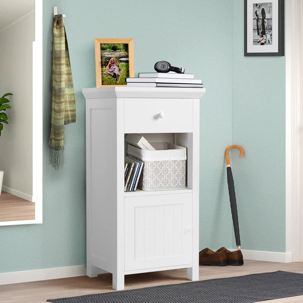 White Freestanding Wooden Bathroom Floor Cabinet, 1 Drawer & 1 Cabinet & 1 Open Shelf, Pack of 2 I74508