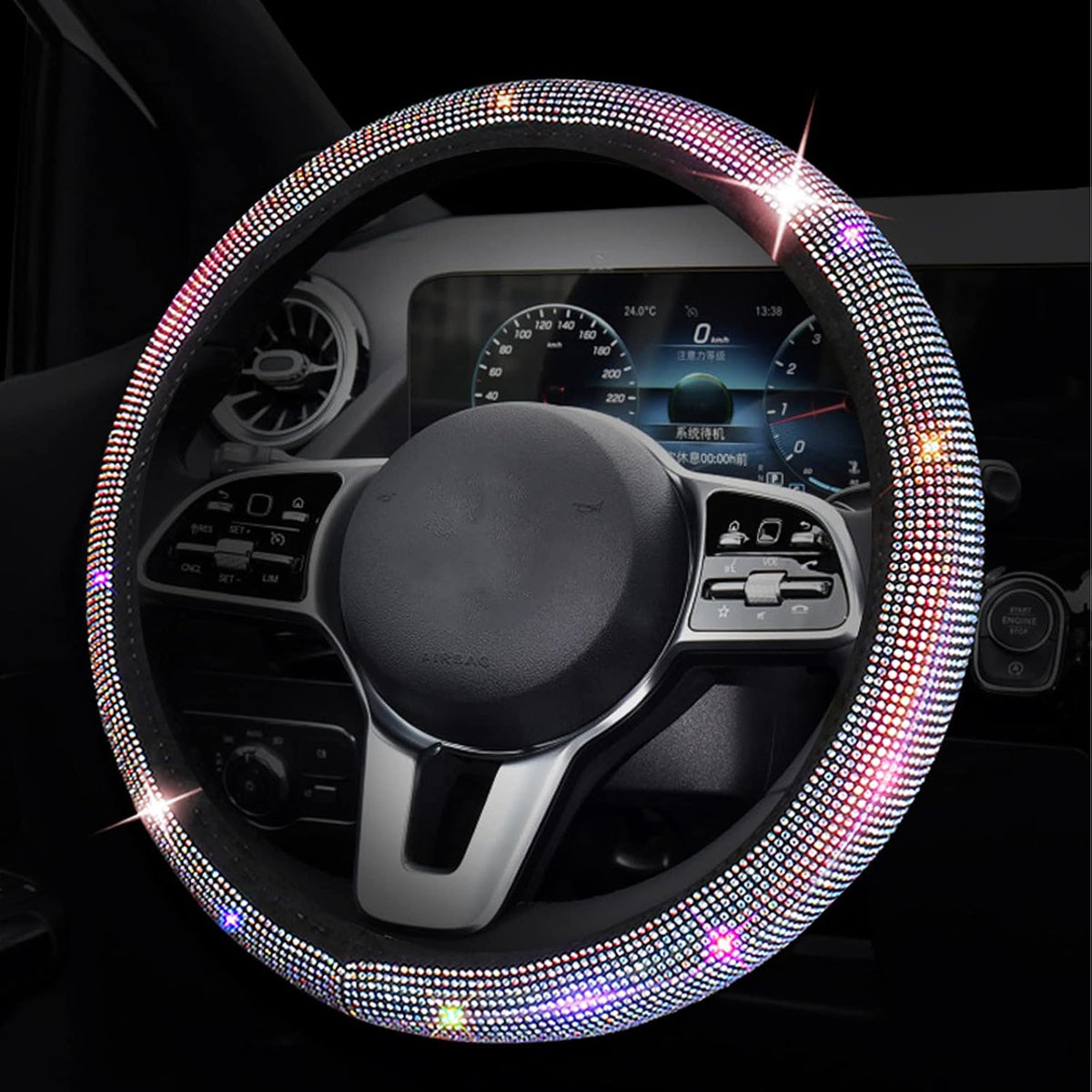 Black with White Diamond Crystal Steering Wheel Cover 15 inches O4067